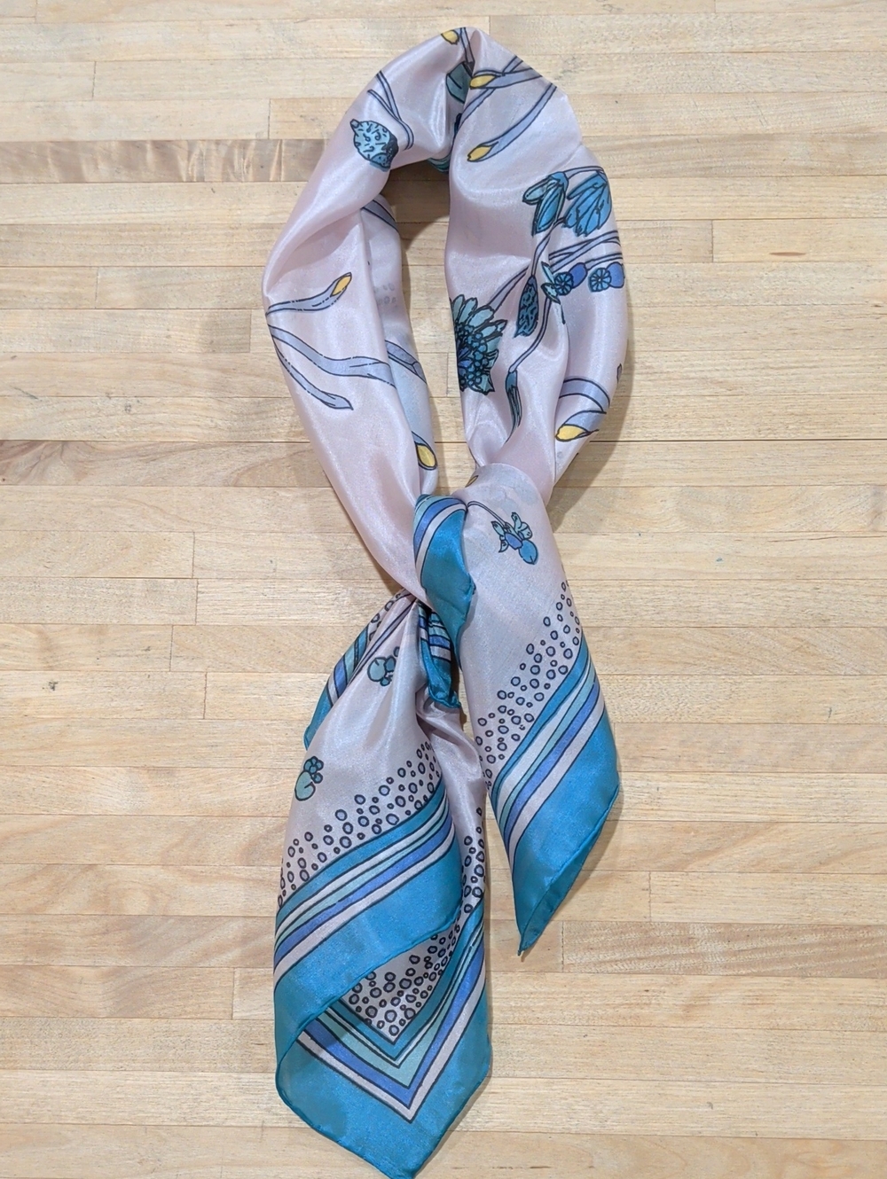 100% Silk Floral Print Squre Scarf in Lavender and Teal Blue